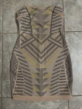 Ruby Rox Strapless Beige and Gold Embellished Bodycon Dress